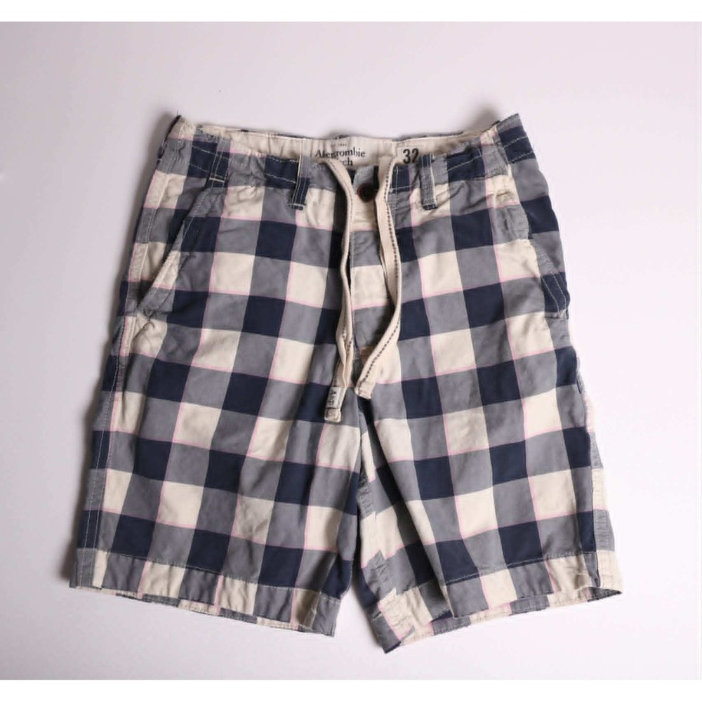 Abercrombie & Fitch Mens 32 Navy Blue White Plaid Drawstring Chino Shorts - Picture 1 of 6